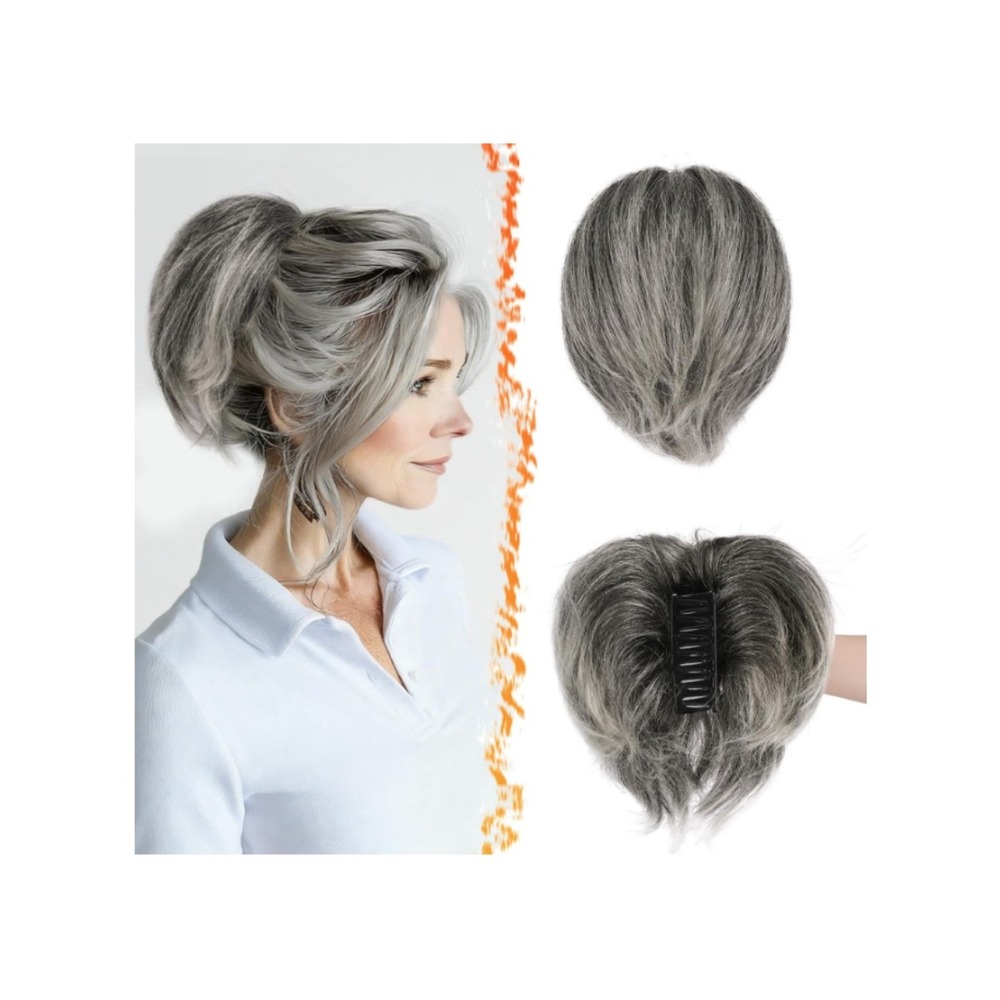 Claw Clip Real Human Hair Gray Mix Ponytail Extension 8 Inch Messy Bun Hairpiece